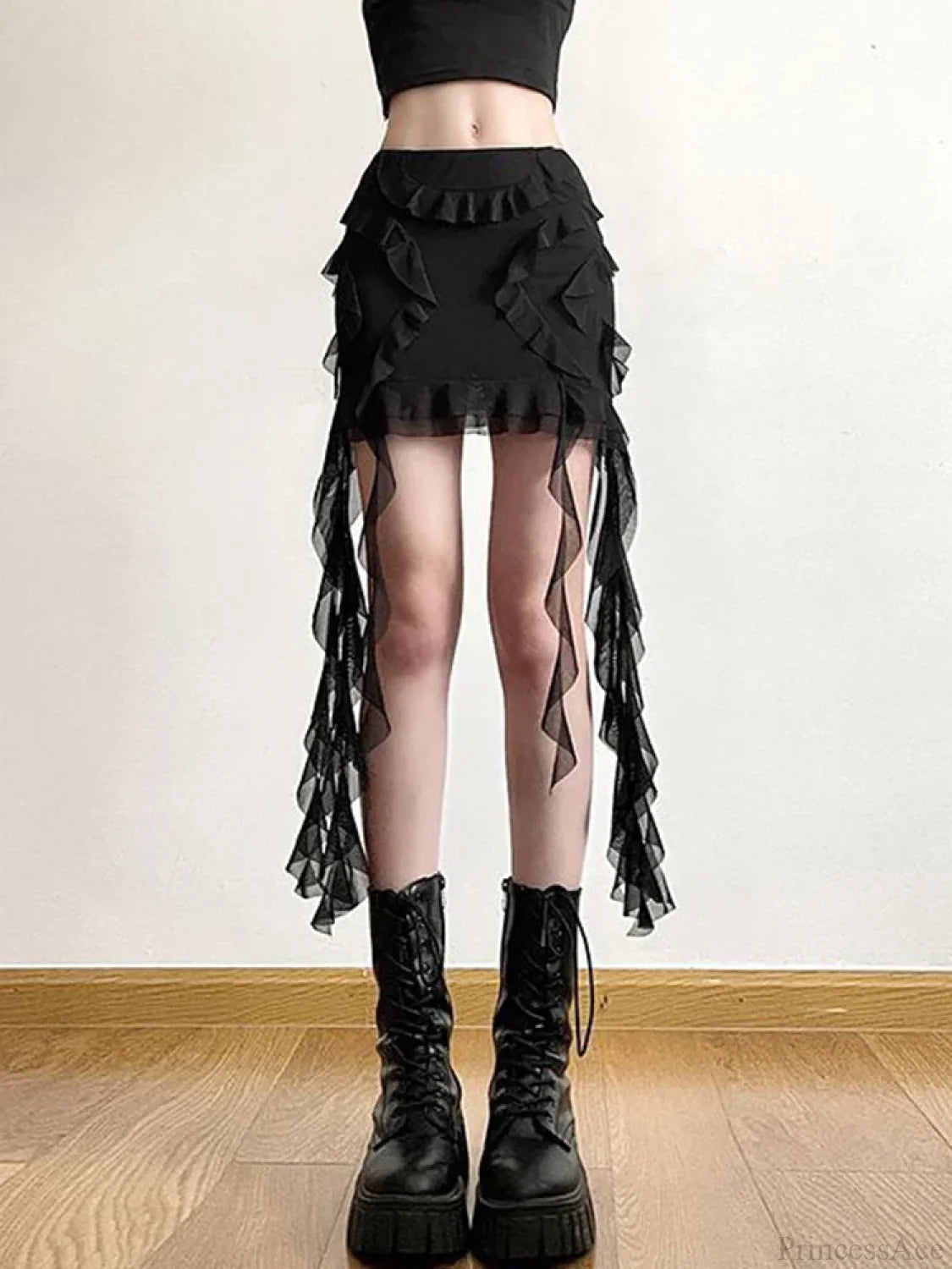 Mesh Patchwork Ruffled Mini Skirt