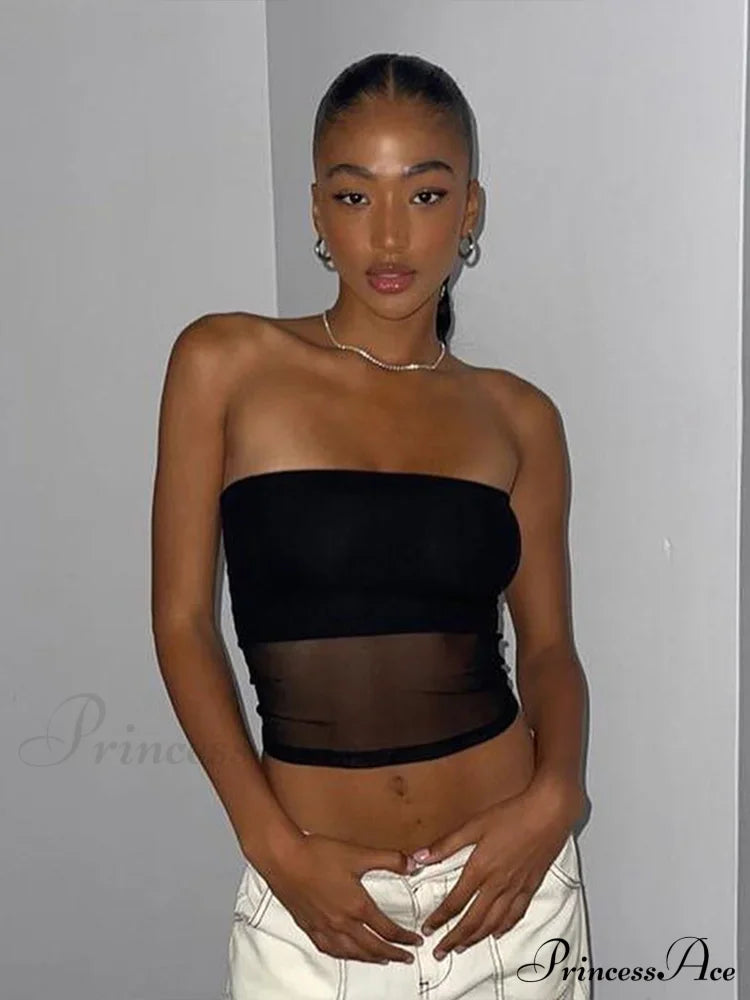 Mesh Patchwork Sexy Off Shoulder Slim Tank Crop Top