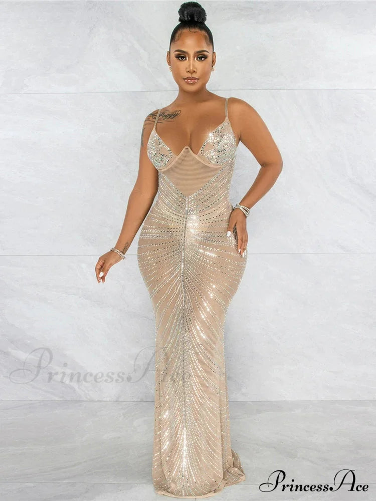 Mesh Rhinestone Maxi Party Dress Apricot / S Partydress-241208