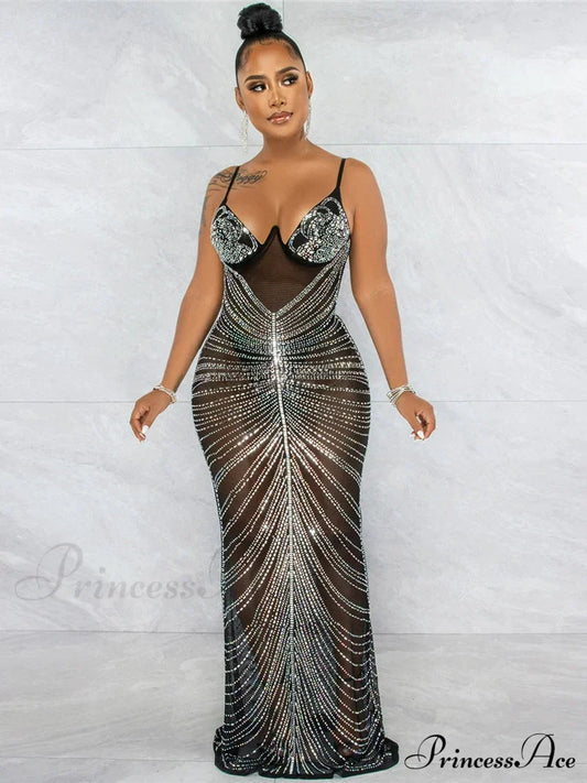 Mesh Rhinestone Maxi Party Dress Black / S Partydress-241208