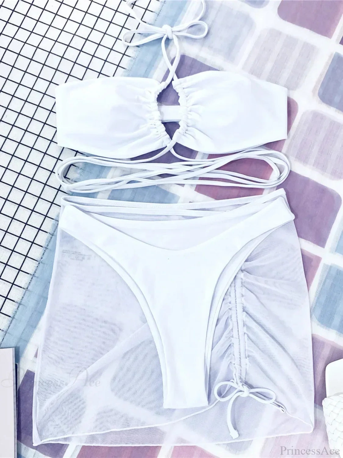 Mesh Sarong Skirt Bikini Three Piece Swimsuit White / S