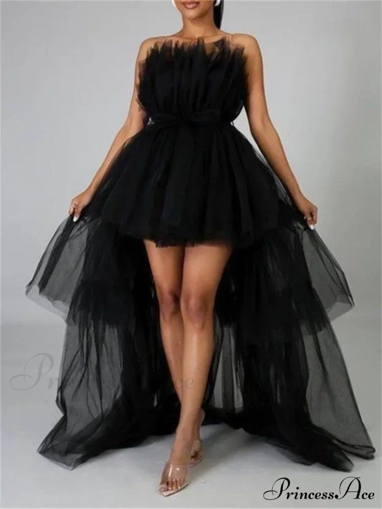 Mesh Sheer Elegant Women Formal Ball Gown Strapless Off Shoulder High Waist Asymmetrical Hem Tulle