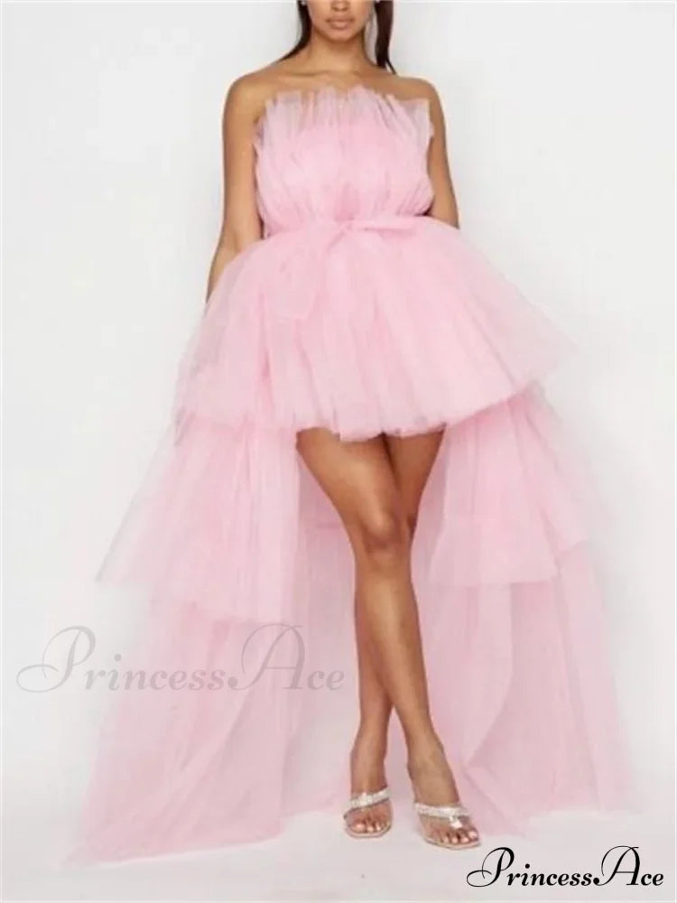 Mesh Sheer Elegant Women Formal Ball Gown Strapless Off Shoulder High Waist Asymmetrical Hem Tulle