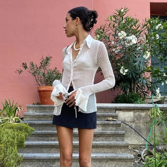 Mesh Sheer Flare Sleeve Crop Blouse blouse-250223