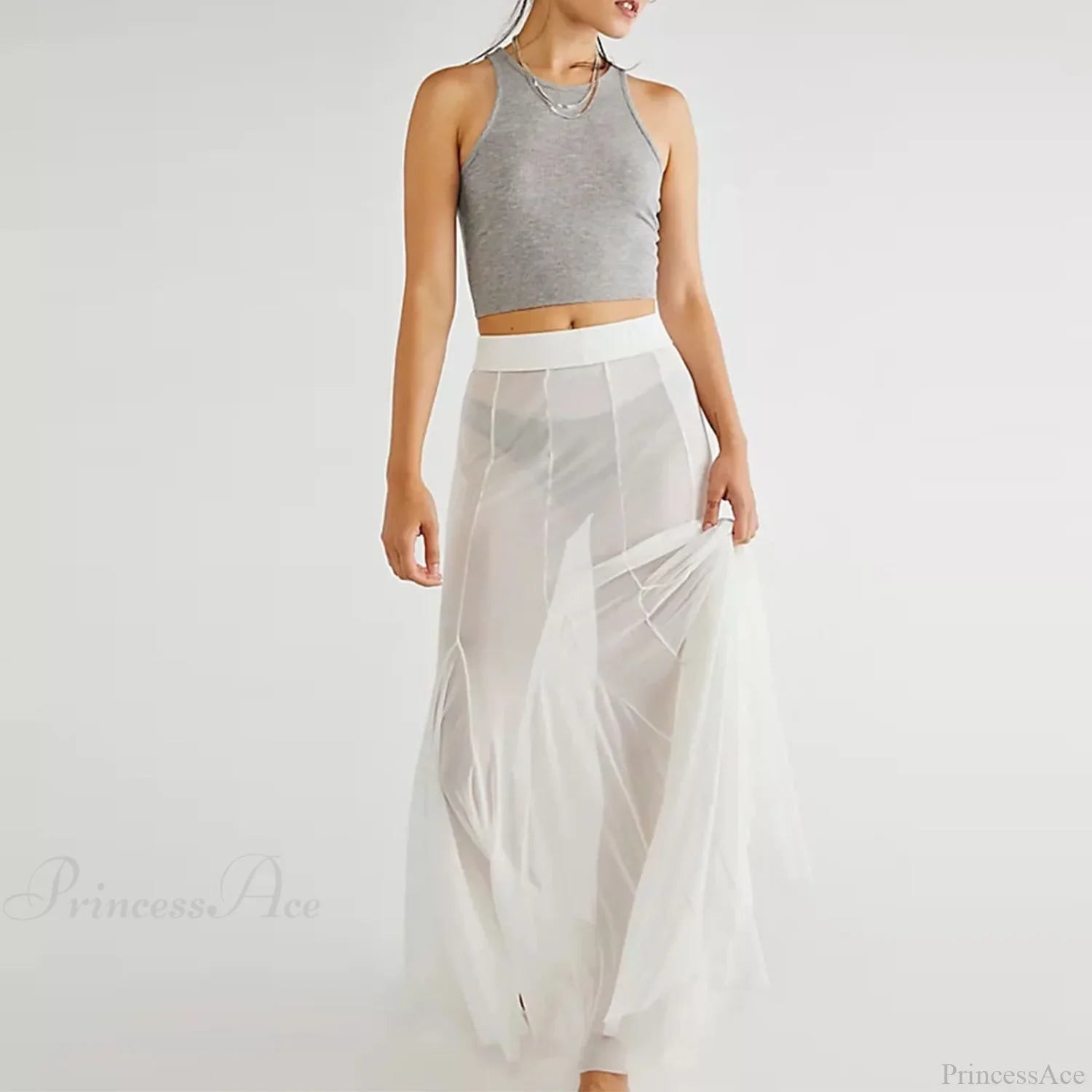 Mesh Sheer Ruffle Midi Skirt