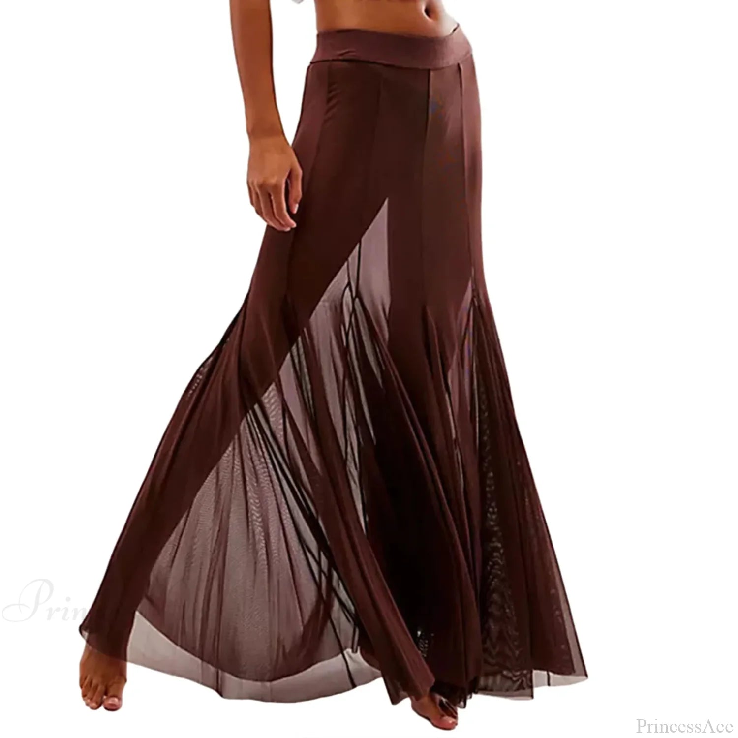 Mesh Sheer Ruffle Midi Skirt Dark Brown / S