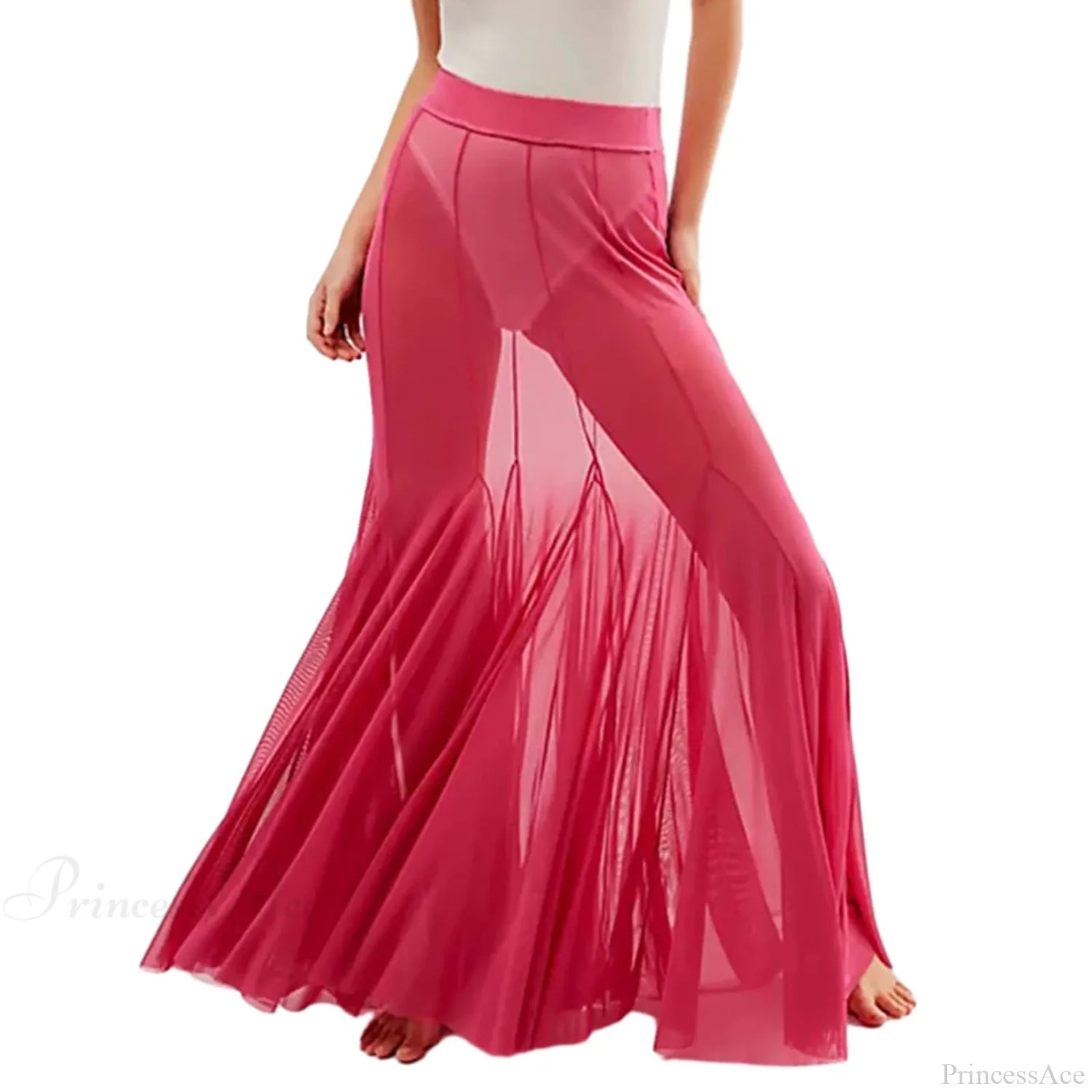 Mesh Sheer Ruffle Midi Skirt Rose Red / S