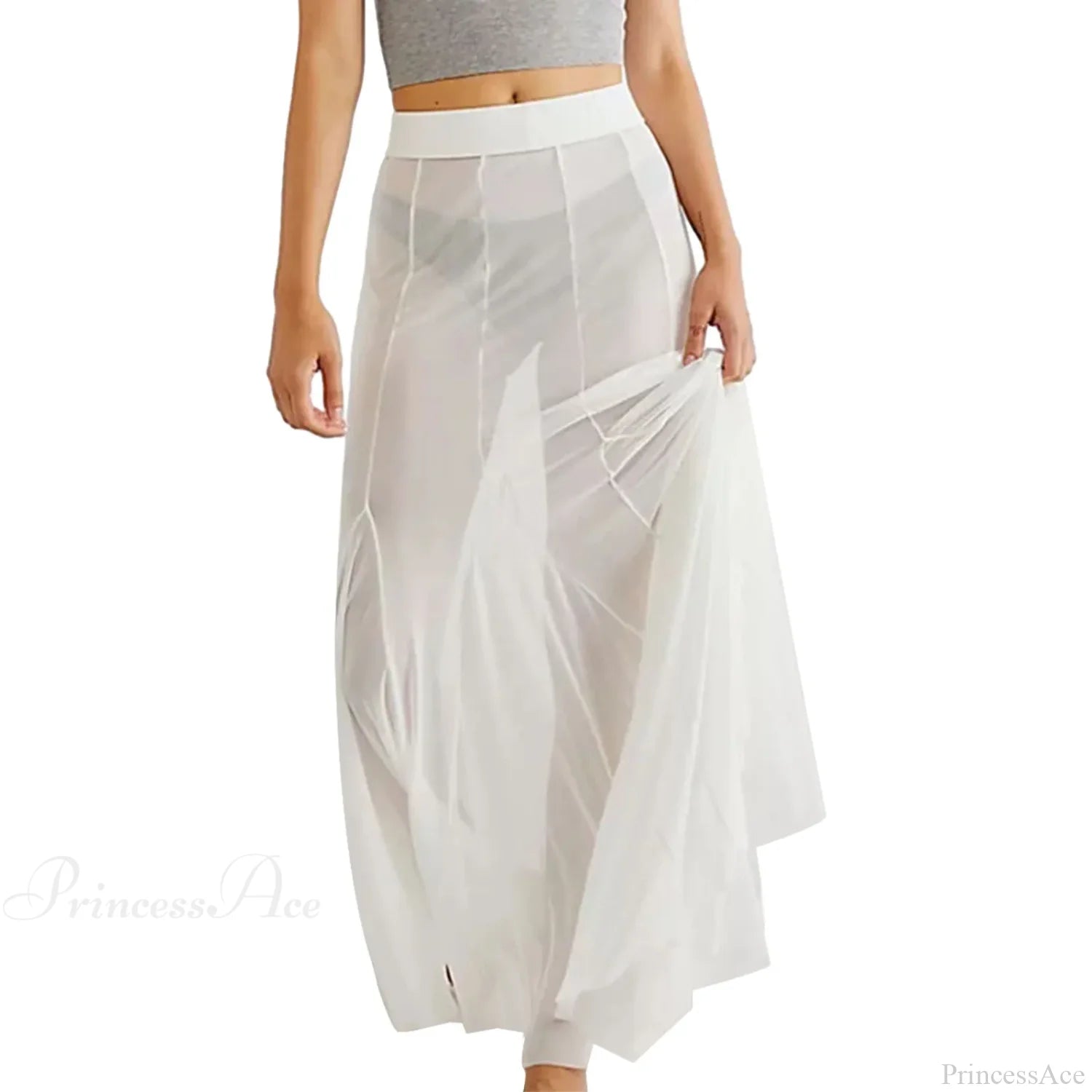 Mesh Sheer Ruffle Midi Skirt WHITE / S