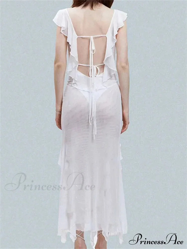 Mesh Sheer See Through Summer Beach Cover Ups For Women Sleeveless Backless Ruffles Split Tassels