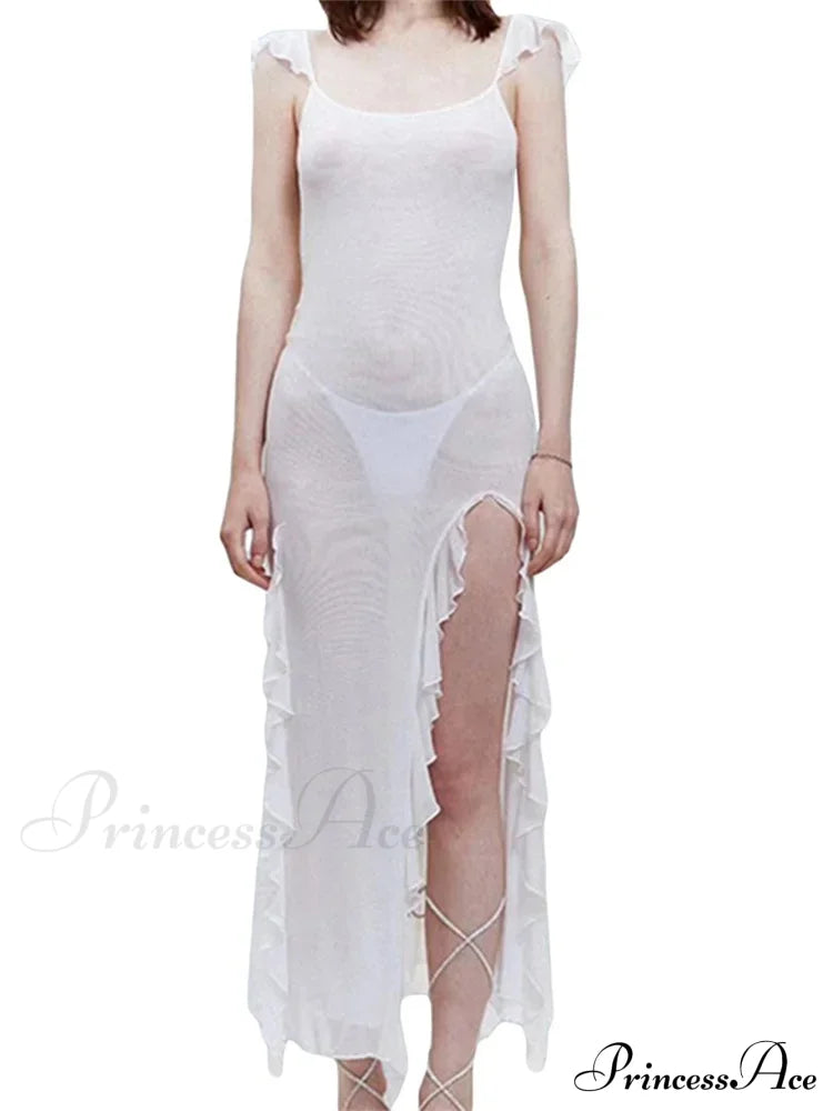 Mesh Sheer See Through Summer Beach Cover Ups For Women Sleeveless Backless Ruffles Split Tassels