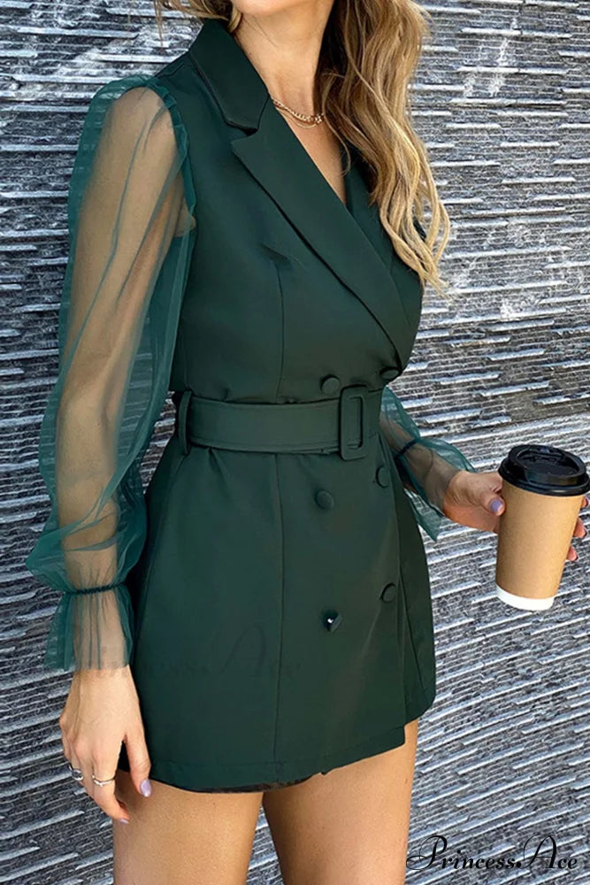 Mesh Sleeves Blazer Dress With Double-Breasted Belt Dark Green / L Mini Dresses