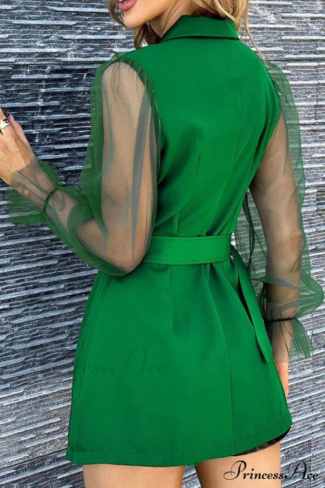 Mesh Sleeves Blazer Dress With Double-Breasted Belt Green / L Mini Dresses