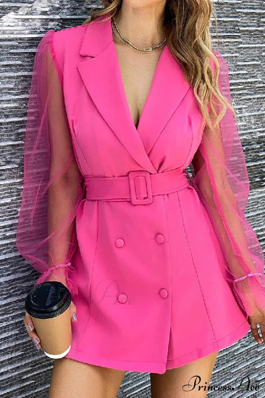 Mesh Sleeves Blazer Dress With Double-Breasted Belt Rose / S Mini Dresses