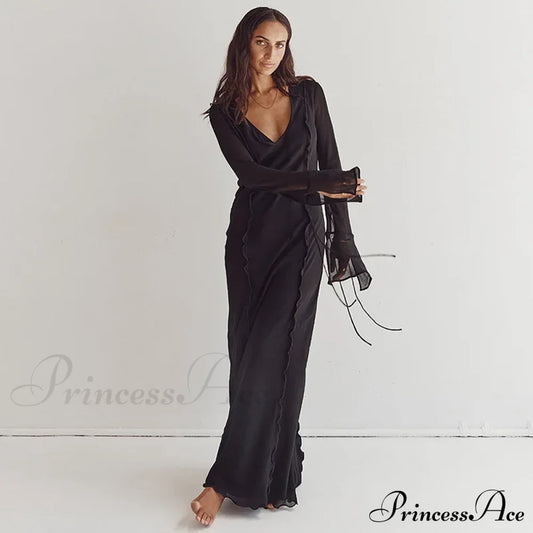 Mesh Transparent Flare Sleeve Cover-Ups Maxi Dress Black / S