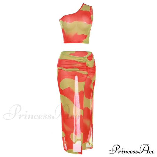 Mesh Two Piece Set Maxi Dress Orange / S