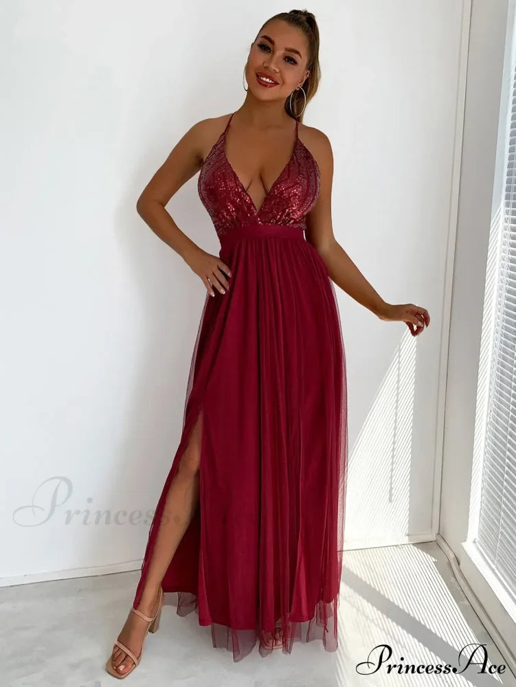 Mesh V-Neck Maxi Dress Winered / Xs