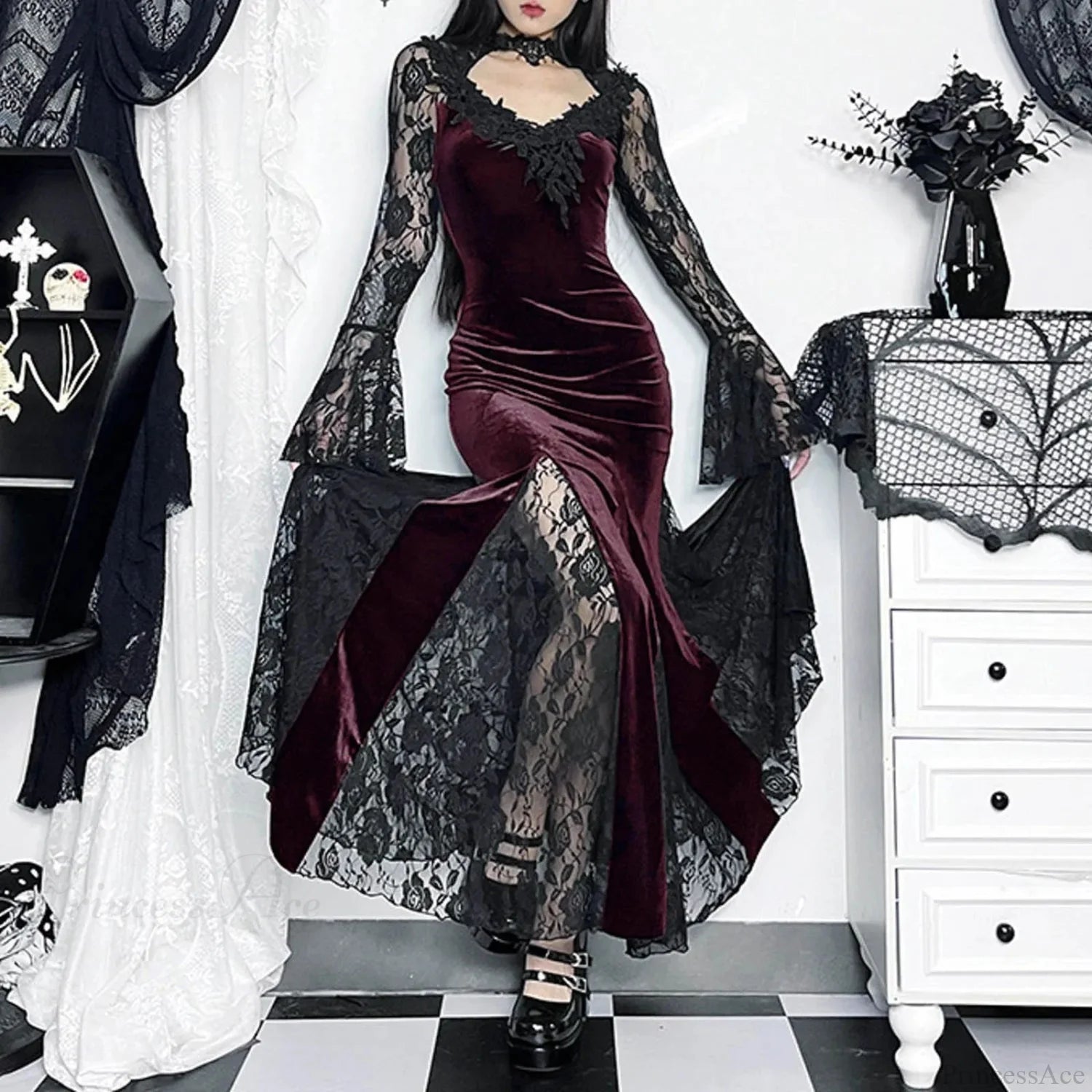 Mesh Velvet Hollow Out Long Dress