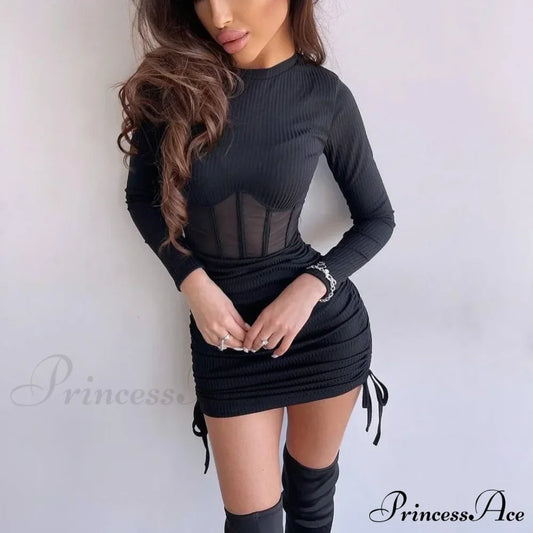 Mesh Waist Bodycon Mini Dress Black / S