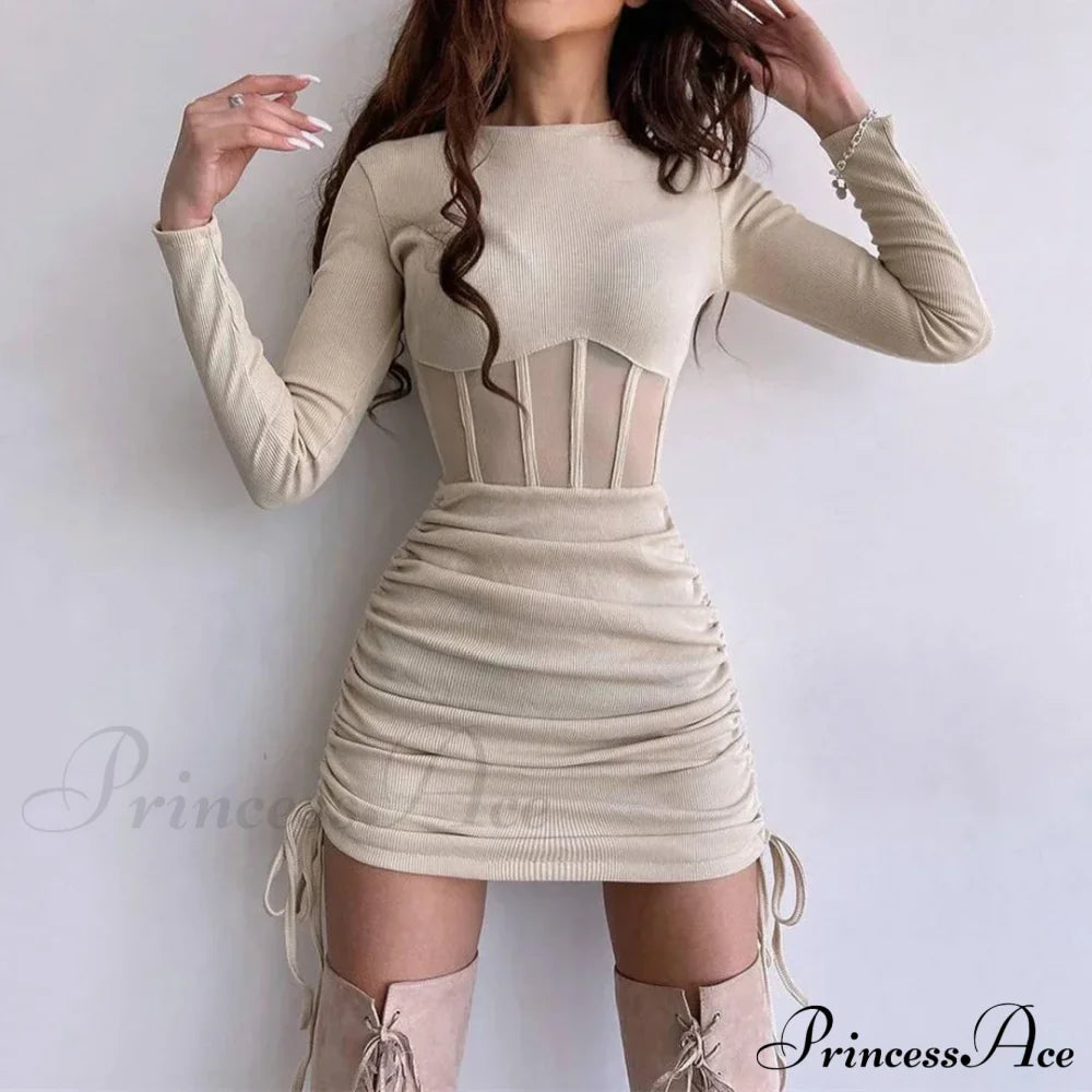 Mesh Waist Bodycon Mini Dress Khaki / S