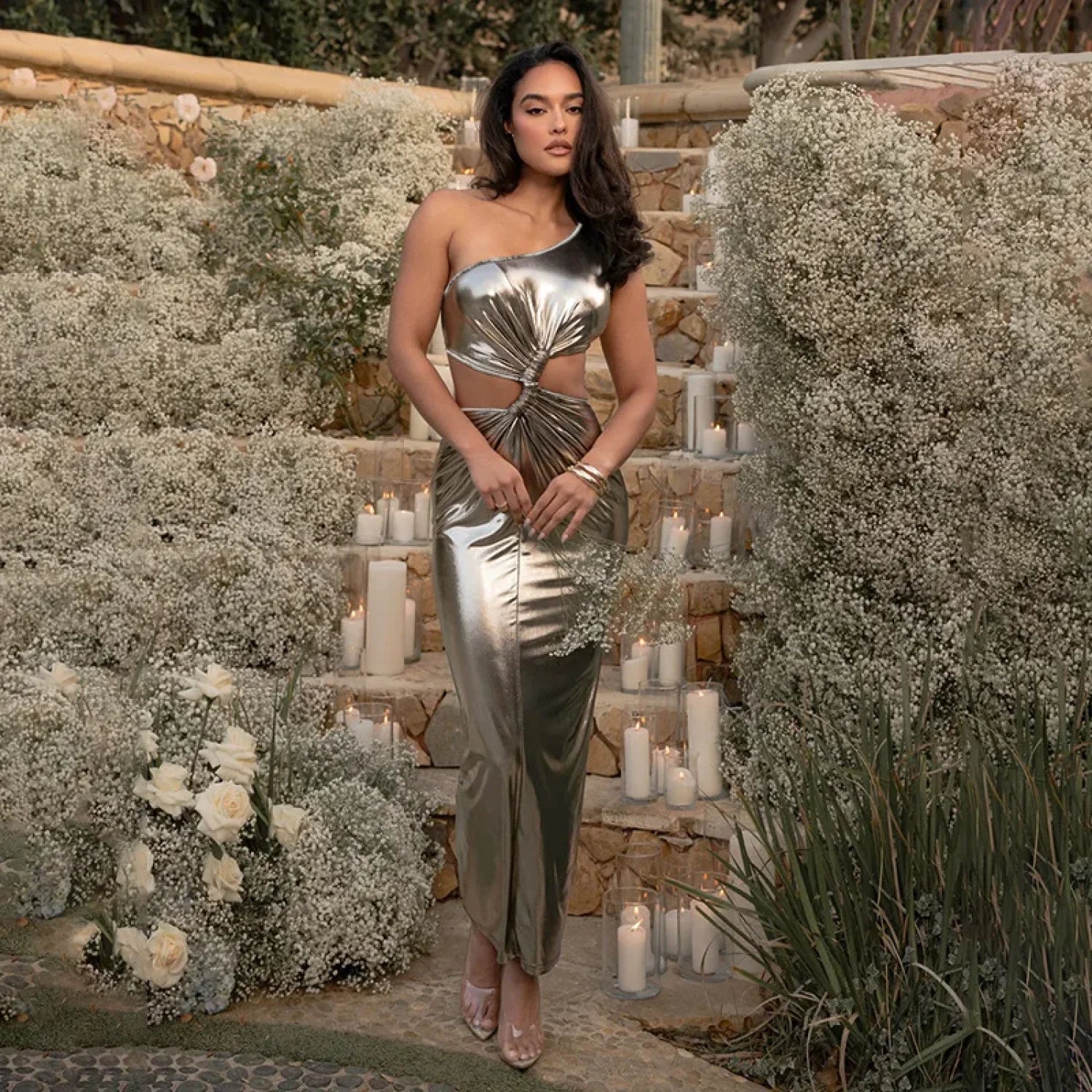 Metal Slim Bodycon Midi Vacation Dress vacationdress-250223