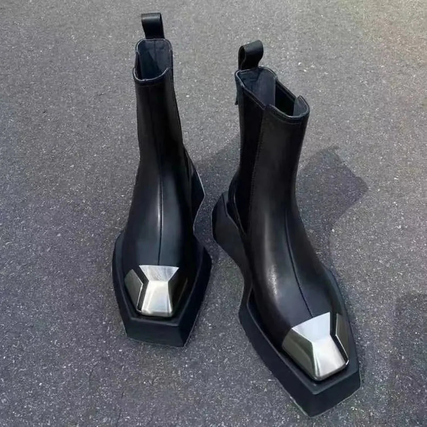 Metal Square Toe Elevated Chelsea Gothic Short Boot