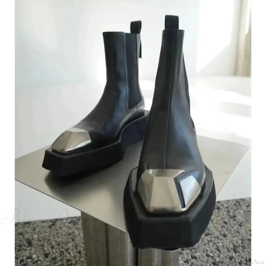 Metal Square Toe Elevated Chelsea Gothic Short Boot Black / 35