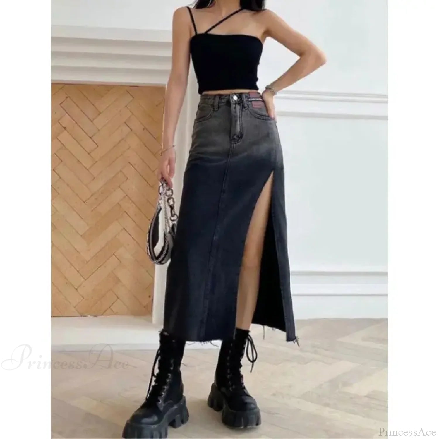 Mid-length Slit Denim Skirt dark grey / S