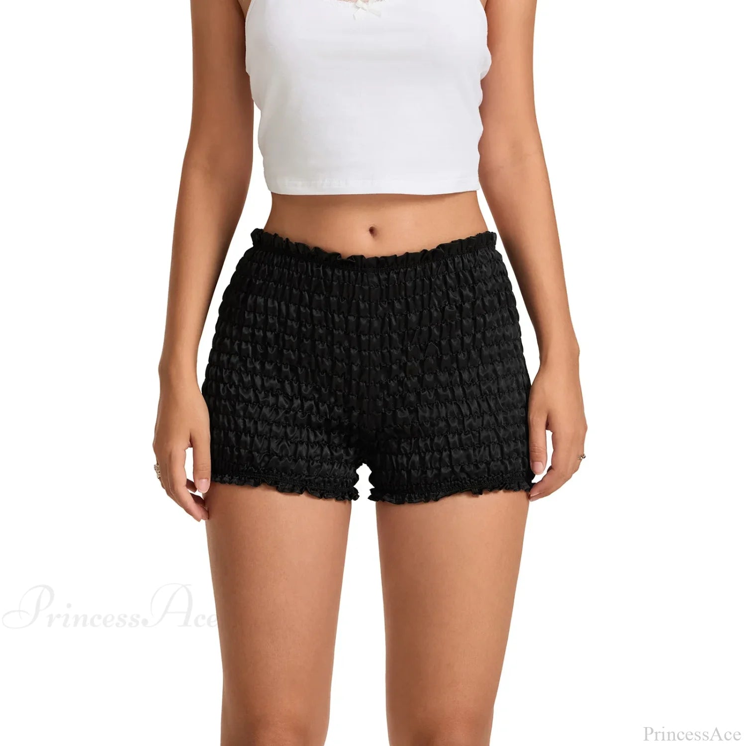 Mid Rise Ruched Elastic Waist Short Black / S short-250223