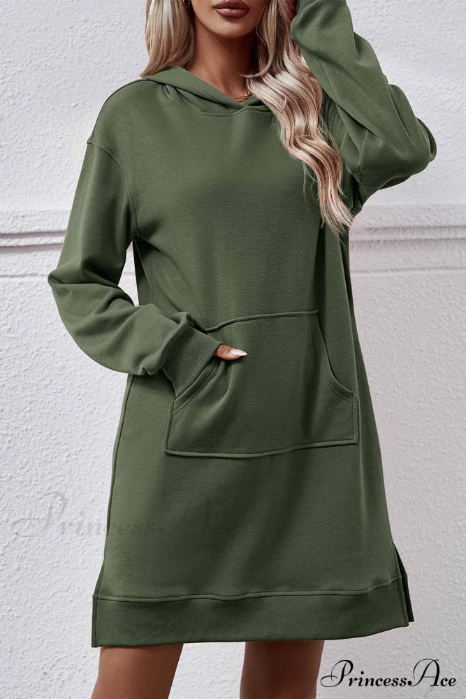 Midi Hoodie Dress With Pocket Slit Dark Green / M Dresses