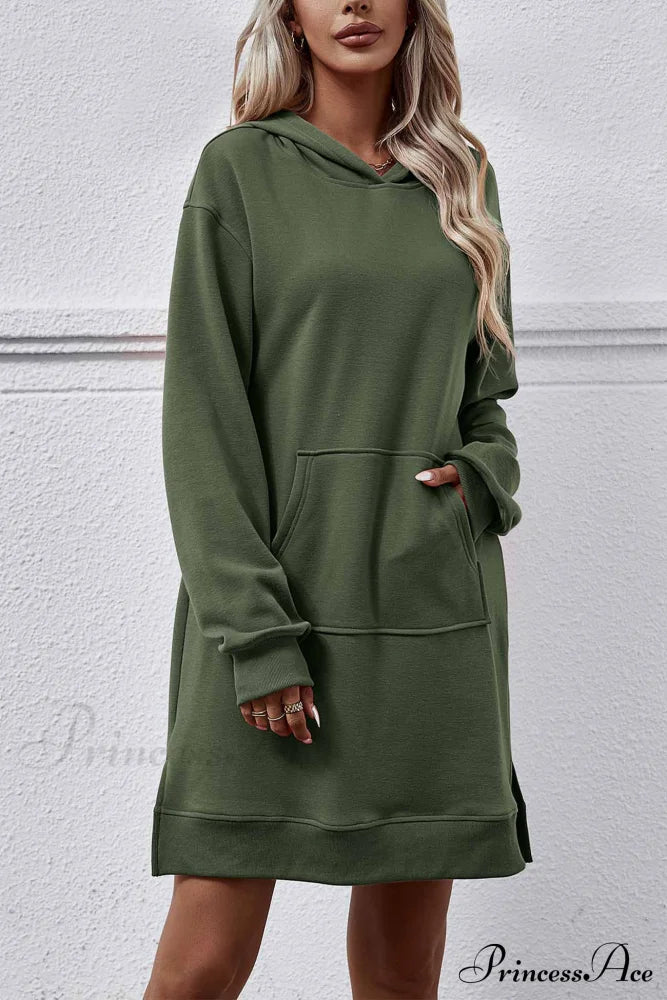 Midi Hoodie Dress With Pocket Slit Dark Green / S Dresses