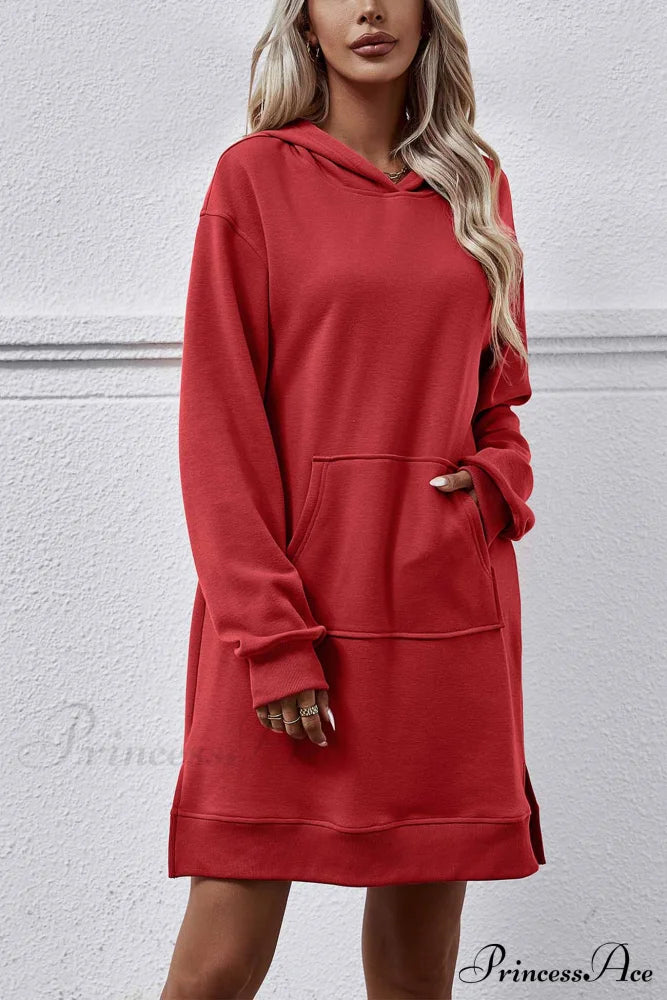 Midi Hoodie Dress With Pocket Slit Red / M Dresses