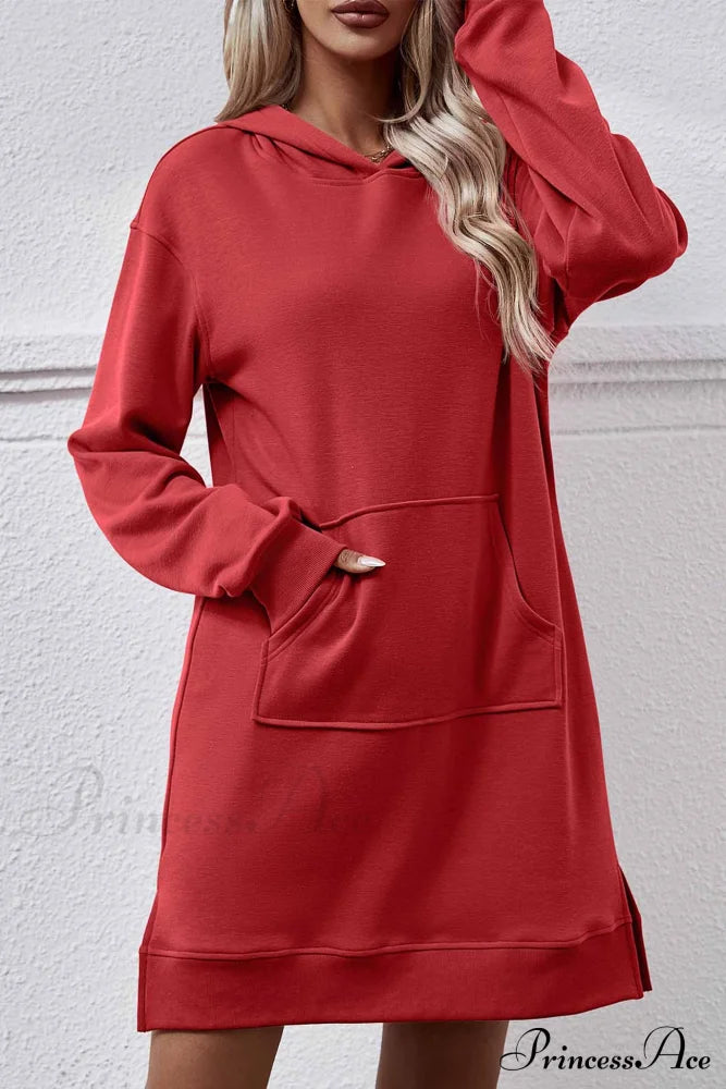 Midi Hoodie Dress With Pocket Slit Red / S Dresses