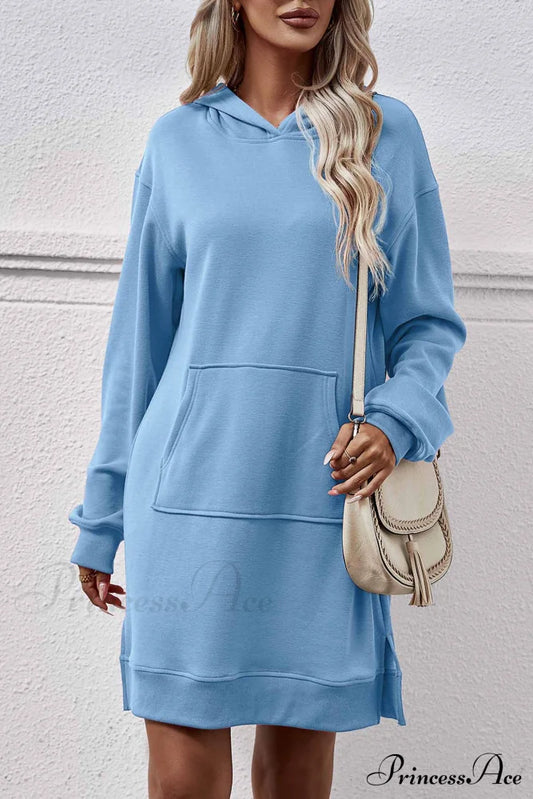 Midi Hoodie Dress With Pocket Slit Sky Blue / M Dresses