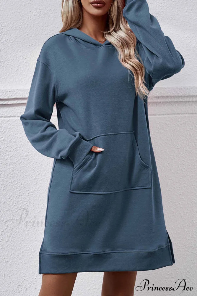 Midi Hoodie Dress With Pocket Slit Steel Blue / M Dresses