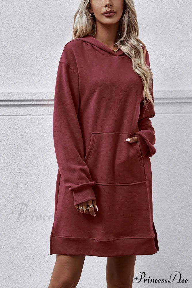 Midi Hoodie Dress With Pocket Slit Wine Red / M Dresses