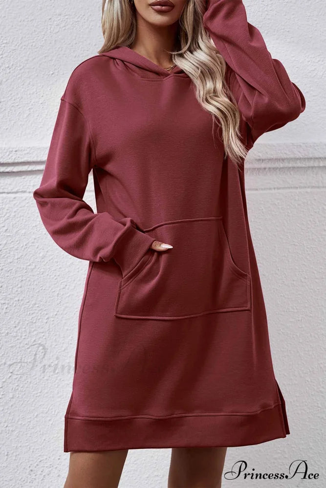 Midi Hoodie Dress With Pocket Slit Wine Red / S Dresses