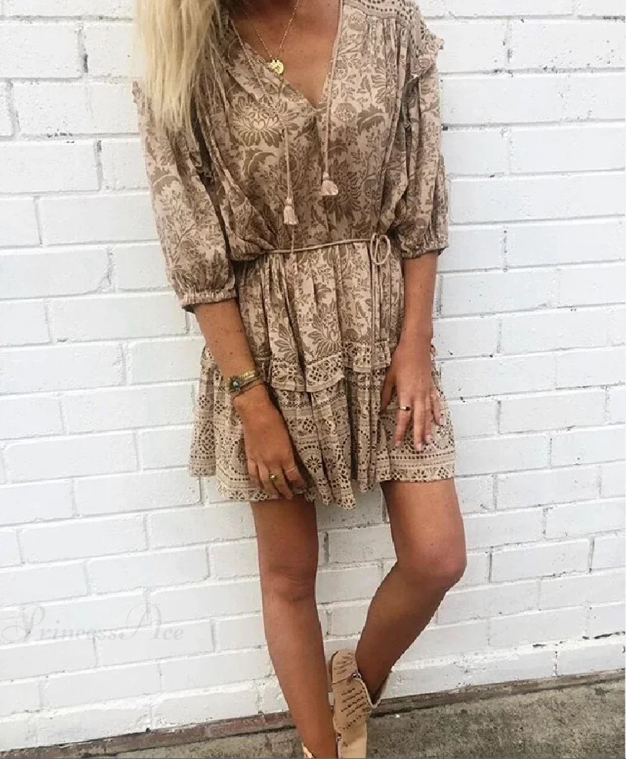 Mini Dress Boho Vintage Long Sleeve Floral Print Autumn Beach Dress bohodress-250126