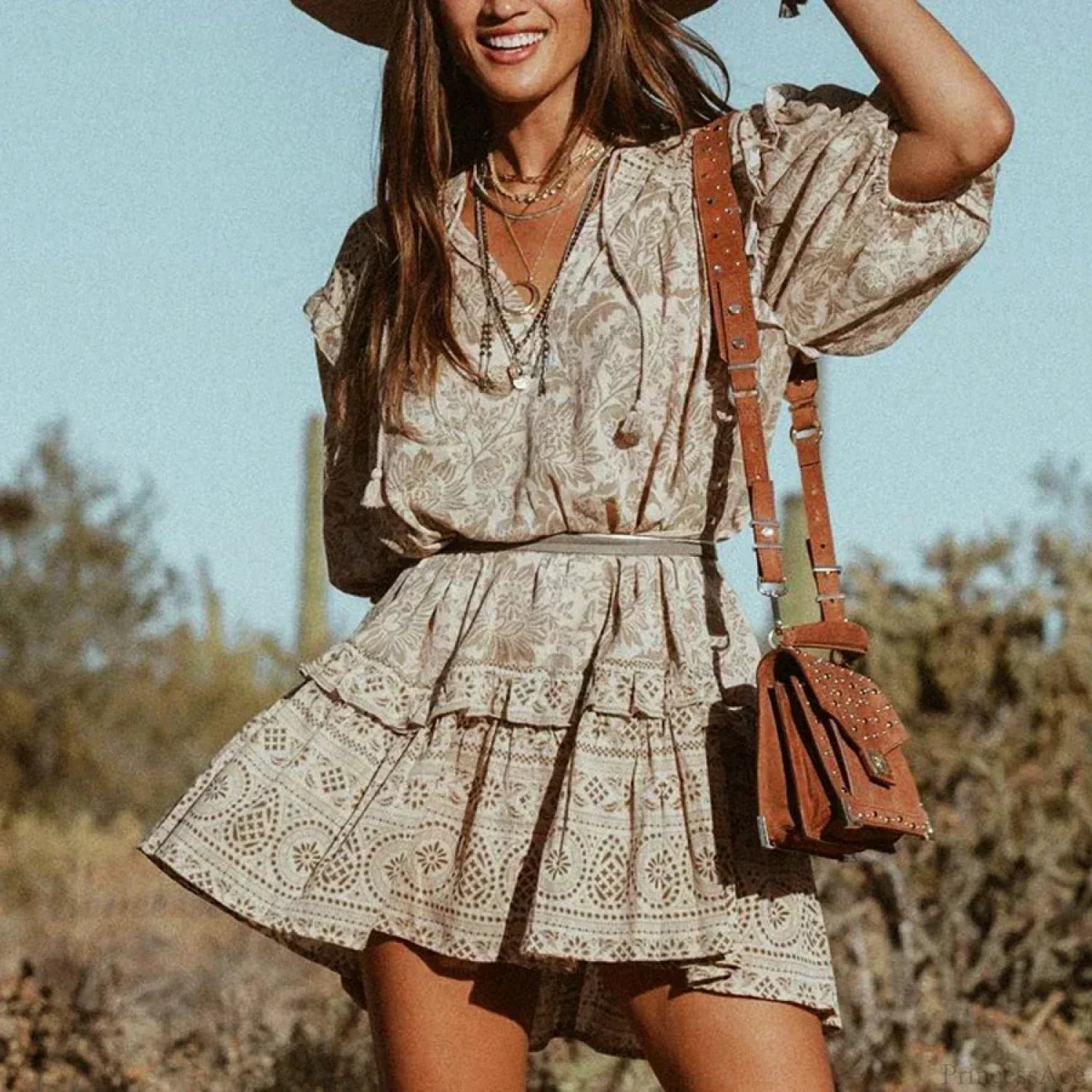 Mini Dress Boho Vintage Long Sleeve Floral Print Autumn Beach Dress Lioness Print / S bohodress-250126