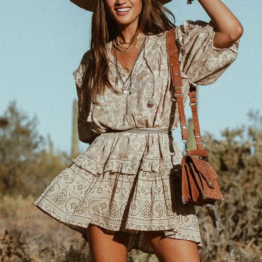 Mini Dress Boho Vintage Long Sleeve Floral Print Autumn Beach Dress Lioness Print / S bohodress-250126