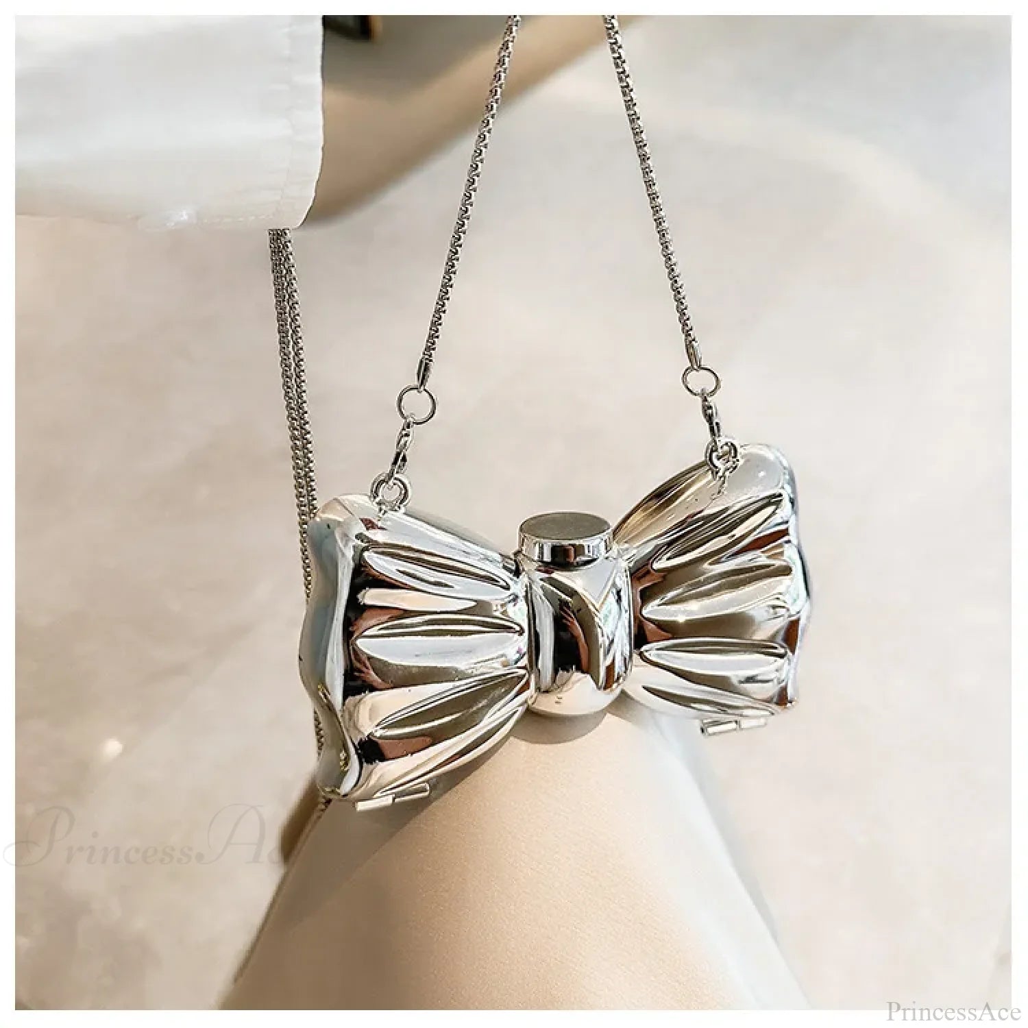Mini Evening Bowknot Metal Crossbody Purse Party Wedding Handbag Silvery clutchbag-250126