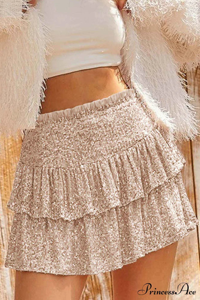 Mini Tiered Sequined Folded Skirt Apricot / M Skirts