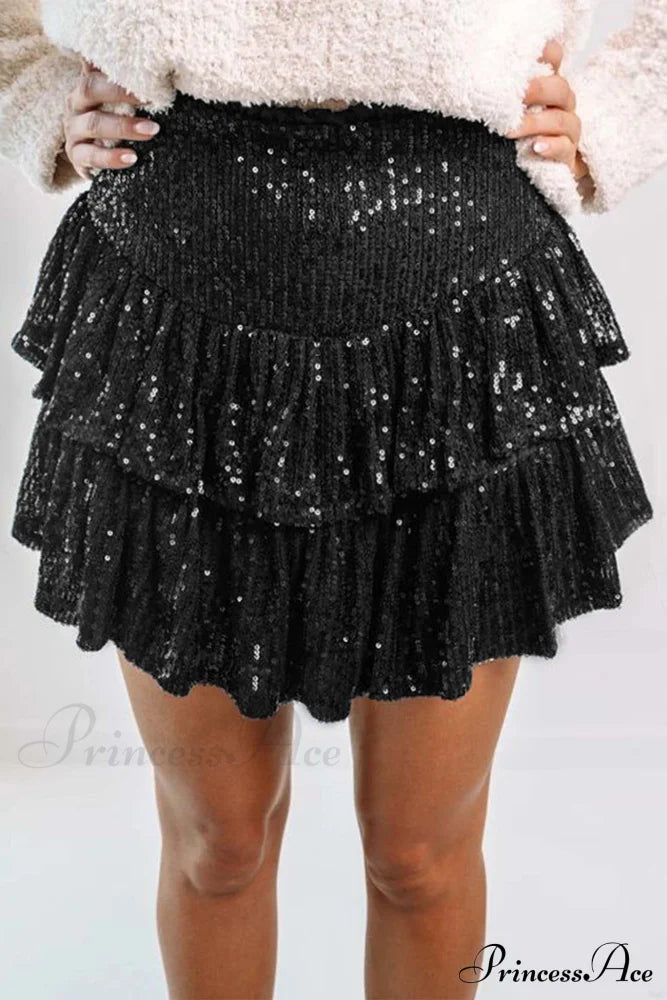 Mini Tiered Sequined Folded Skirt Black / S Skirts