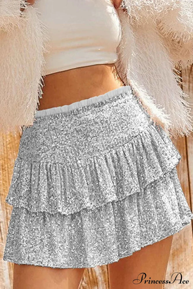 Mini Tiered Sequined Folded Skirt Silver / S Skirts