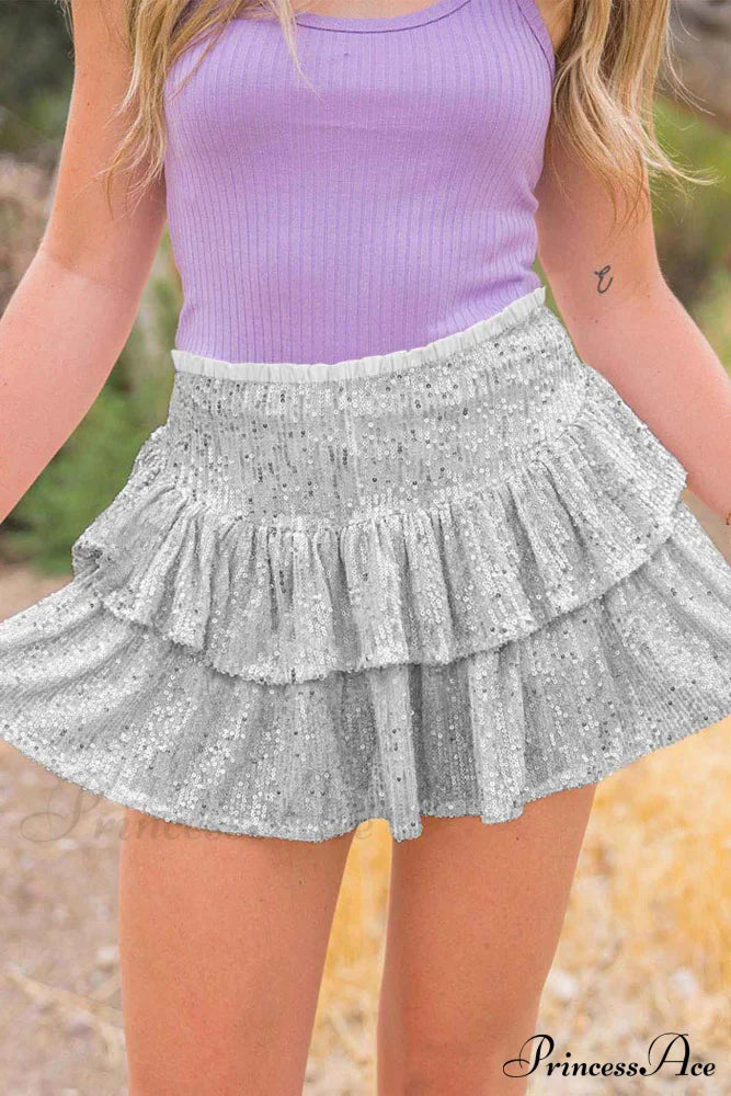 Mini Tiered Sequined Folded Skirt Silver / Xs Skirts