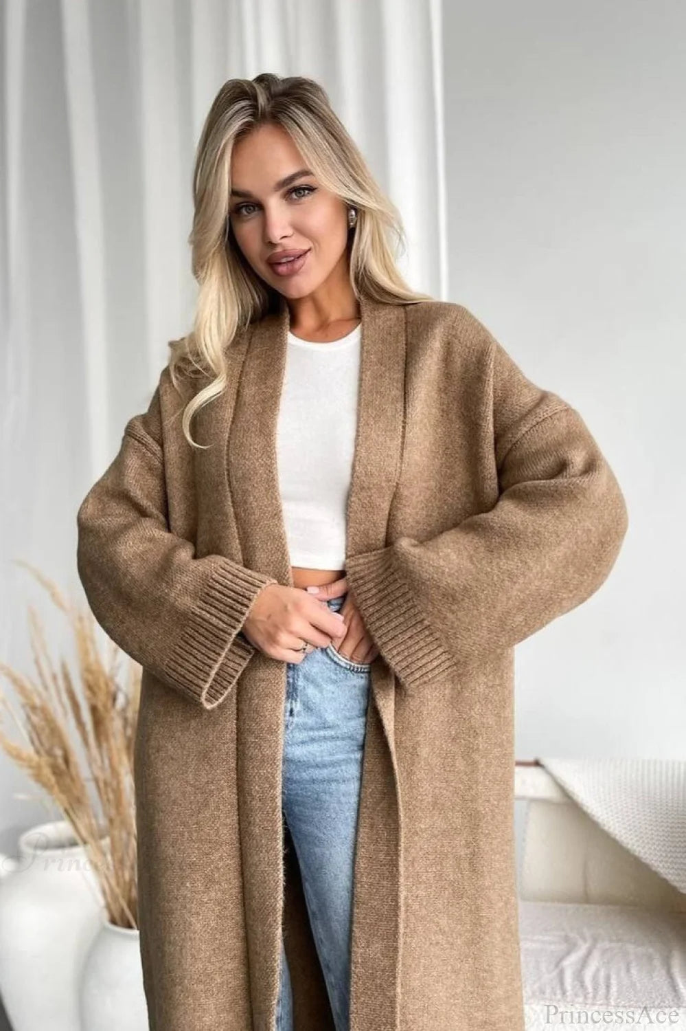 Minimalist Elegant Collarless Cardigan-Inspired Overcoat Khaki / S