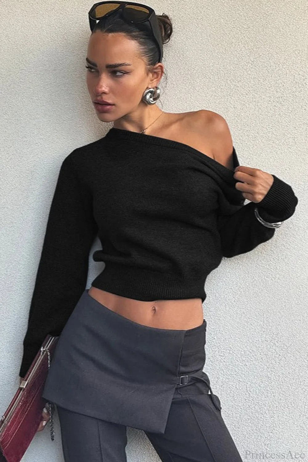 Minimalist Slim Asymmetrical Neck Long Sleeve Blouse