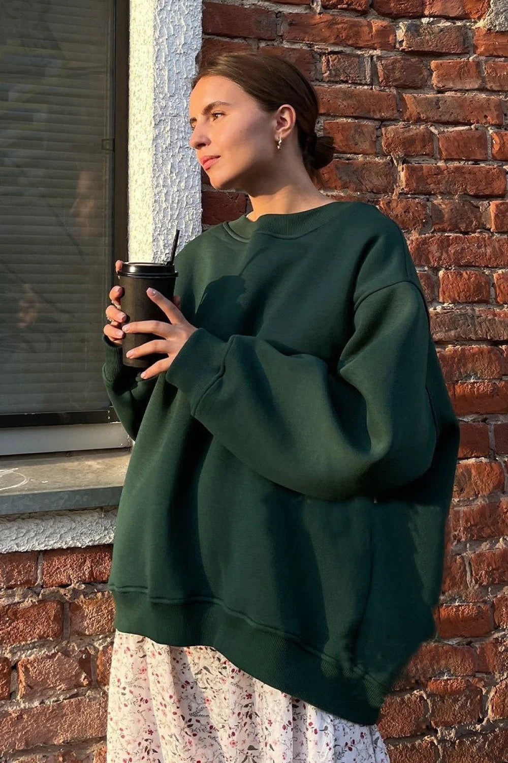 Minimalist Solid Crew Neck Oversize Sweatshirts Dark green / S