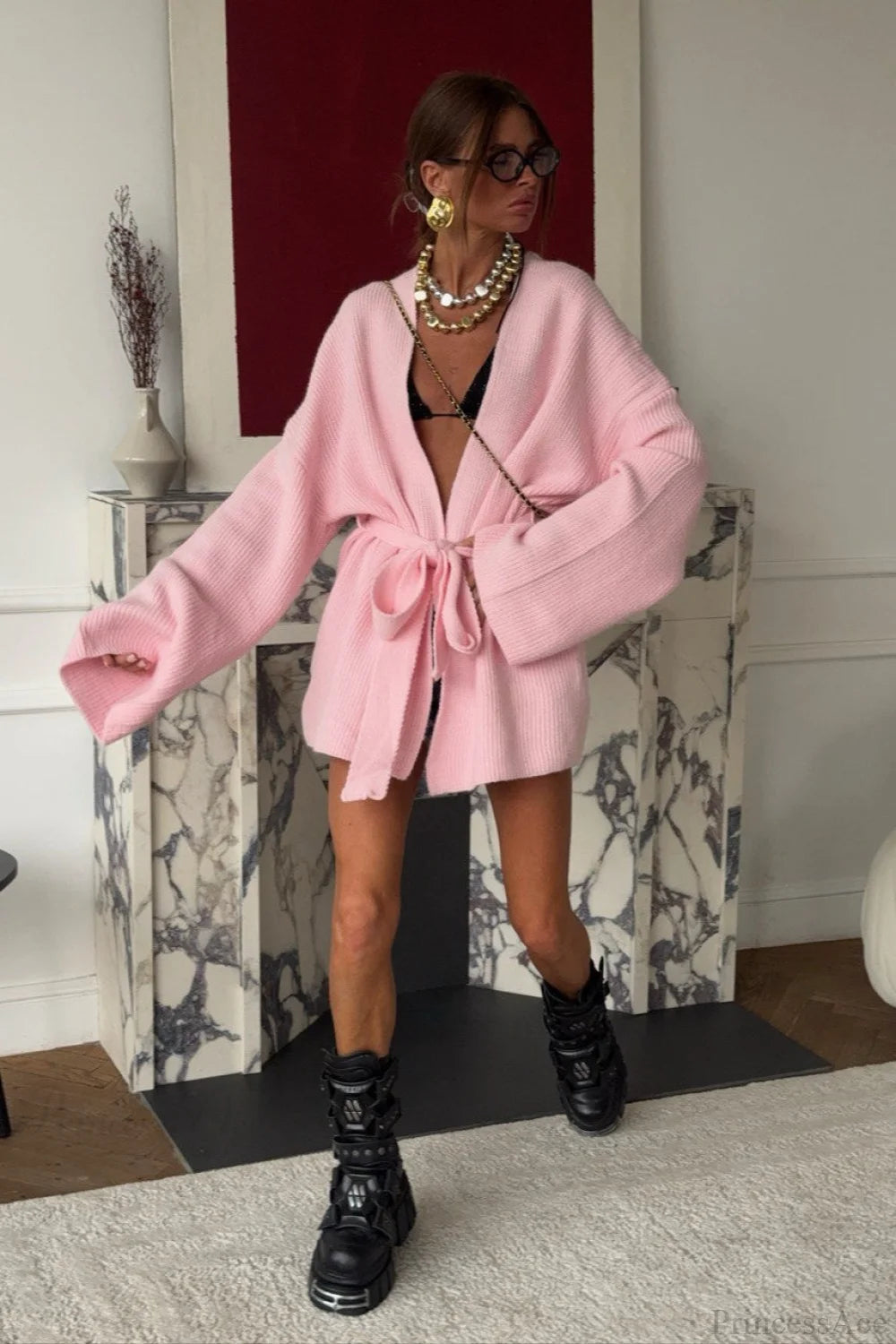 Minimalist Solid Mid-Length Knit Tie-Waist Blouse Pink / S