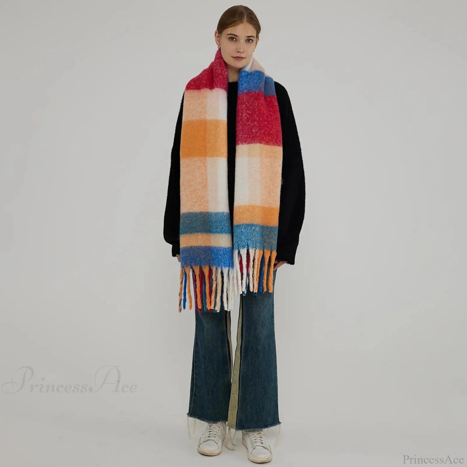 Minimalist Thickened Shawl Neck Scarf - Autumn Winter Imitation Cashmere Blue Red 231X42Cm Scarfs-L