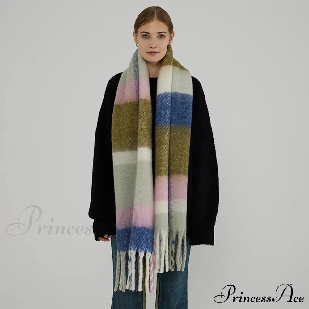 Minimalist Thickened Shawl Neck Scarf - Autumn Winter Imitation Cashmere Green Pink 231X42Cm